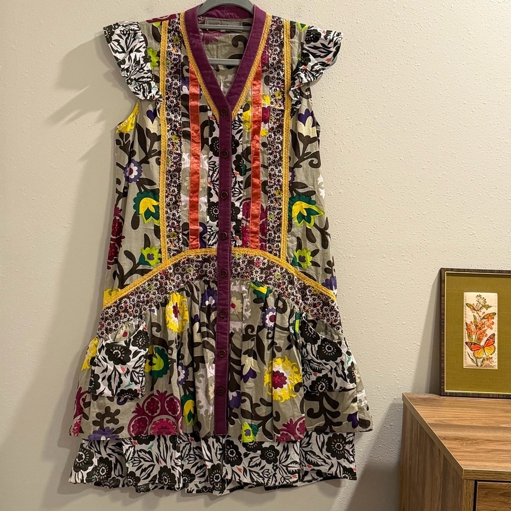 Double D Ranch Size XS Boho Patchwork Western Floral Dress Tiered Ruffle Prairie